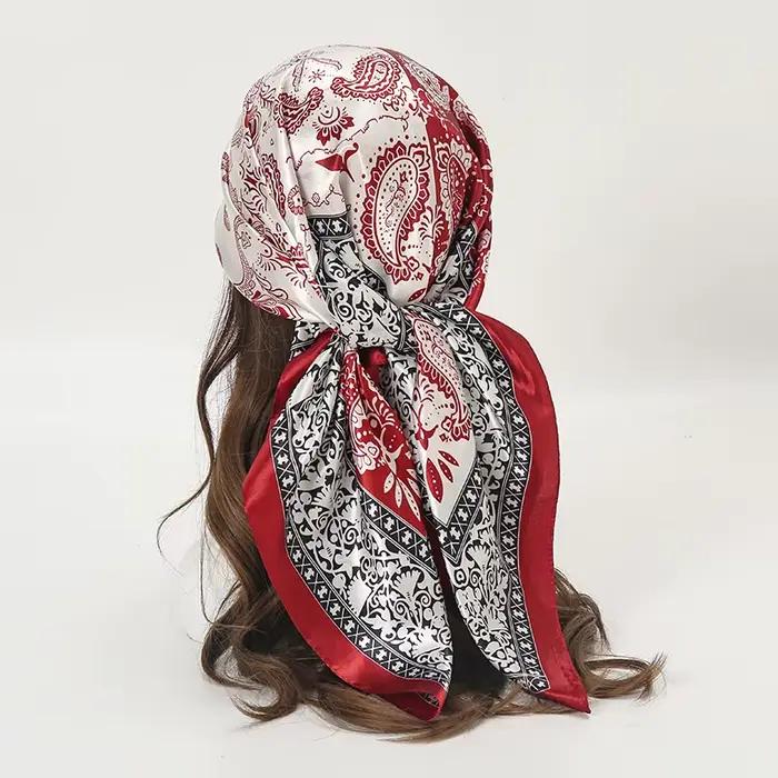 Foulard carré en Satin pour femmes musulmanes, Hijab élégant, imprimé 2025, foulard en soie, châle,