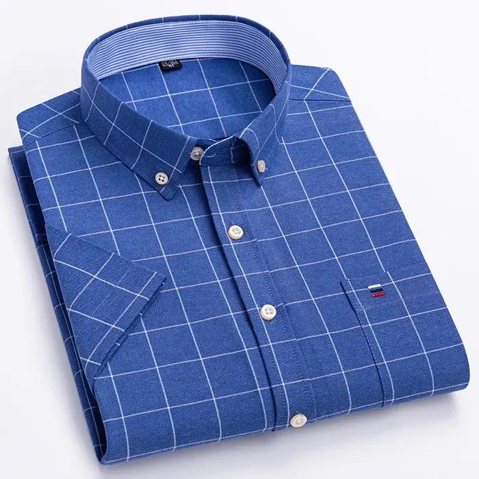 Chemises Oxford à manches courtes pour hommes, 100% pur coton, à carreaux, doux, coupe régulière, ro
