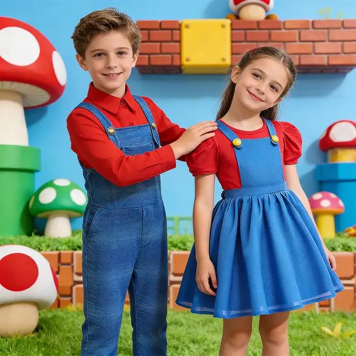 Ensemble de costumes 2 pièces pour frères et sœurs, nouveau film Super bro, déguisement de cosplay,