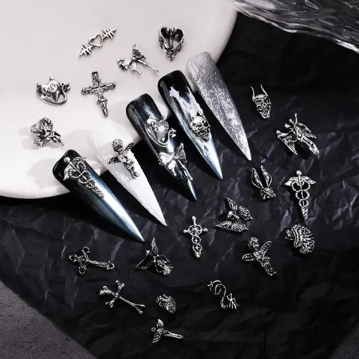 Mélange de styles pour Nail Art d'halloween, breloque croix argentée rétro 3D, décoration d'ongles p