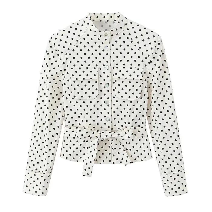 YENKYE Printemps 2026 – Veste chemise ajustée à pois pour femme, manches longues avec ceinture et po