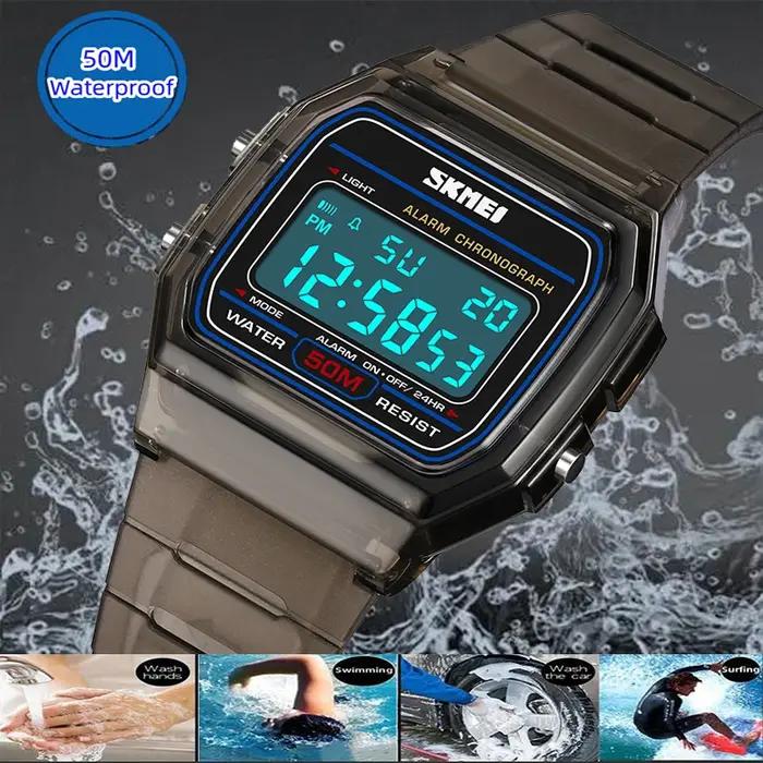 Skmei-Montres numériques étanches pour femmes, boîtier transparent, bracelet en TPU, LED, montre-bra