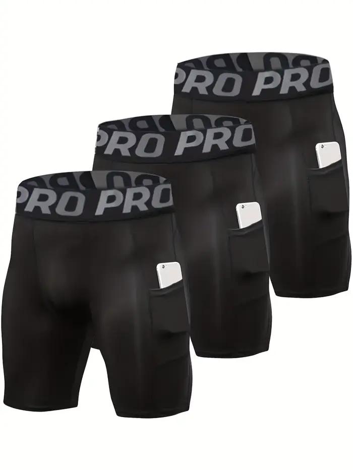 Lot de 3 shorts de compression pour hommes avec poche, shorts de course en spandex, sous-vêtements d