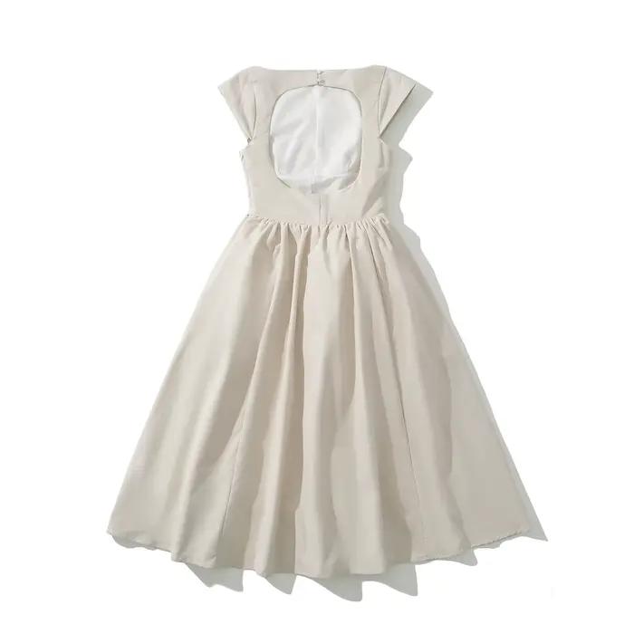 Robe mi-longue taille basse à manches courtes pour femmes, col slash sexy, dos nu évidé, robe trapèz