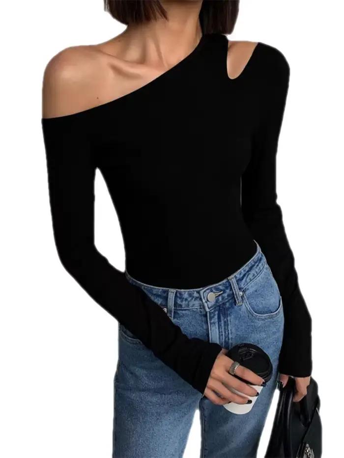 Mode col incliné épaules dénudées à manches longues T-shirts femmes printemps nouveau solide coupe a