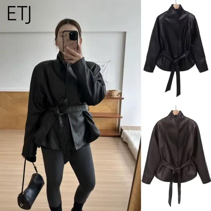 Veste Courte Ceinturée en Similicuir PU Vintage pour Femme ETJ, Col Montant, Collection Printemps 20
