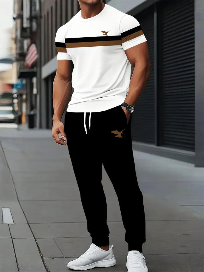 Nouveau beau hommes été rayure imprimé confortable et respirant col rond T-shirt pantalon ensemble v