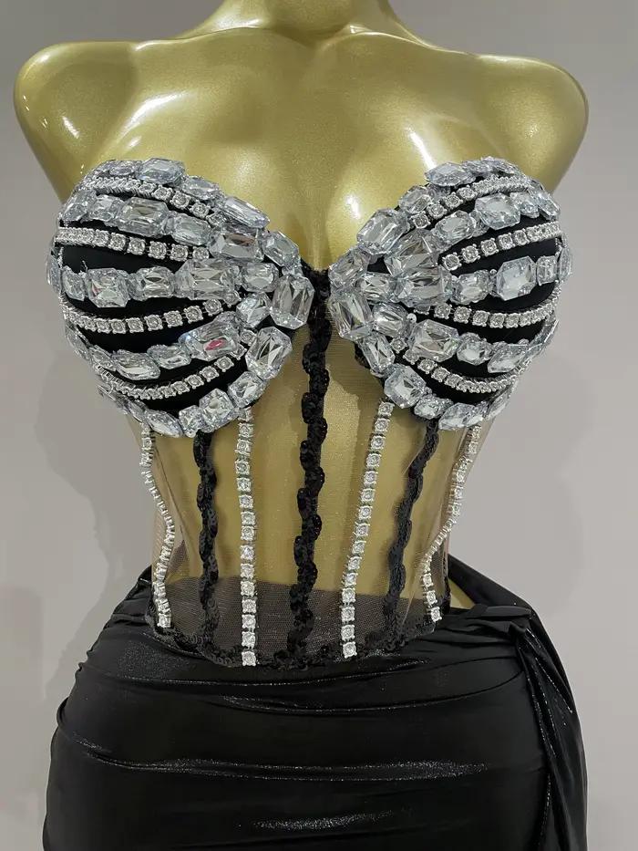 Sexy brillant strass paillettes 2 pièces haut jupe ensemble 2025 femmes célébrité soirée scène disco