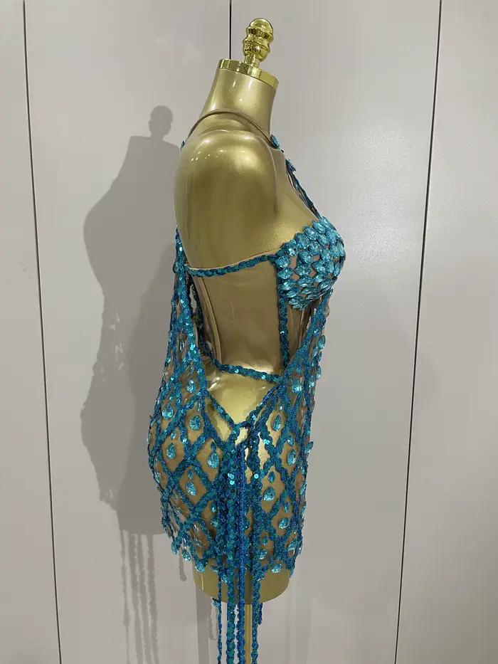 Ensemble deux pièces Transparent en maille de diamant pour femmes, Sexy, paillettes scintillantes, r