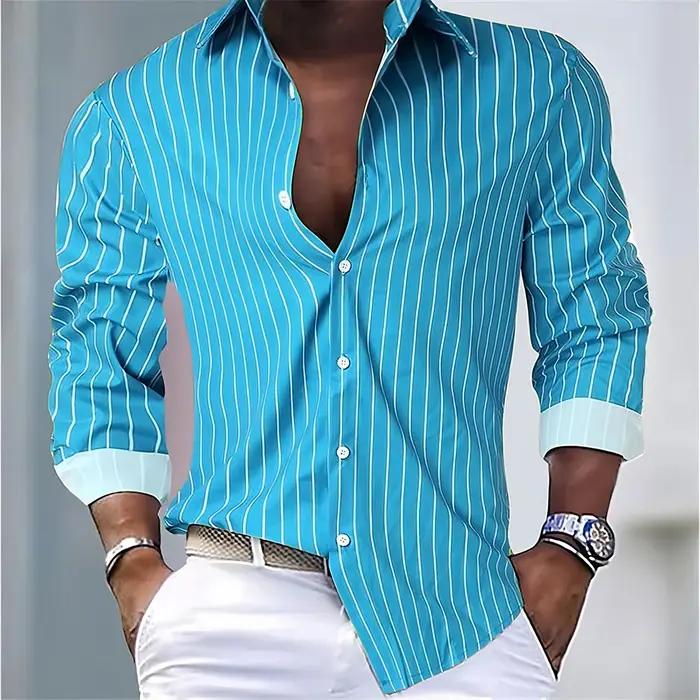 Chemise ample à rayures pour hommes, 16 couleurs, décontractée, respirante, bouton à revers, manches