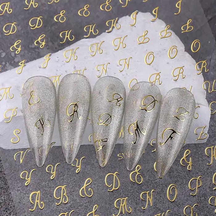 Autocollants pour ongles avec lettres romaines, 4 pièces, doré, argent, noir, blanc, Design Alphabet