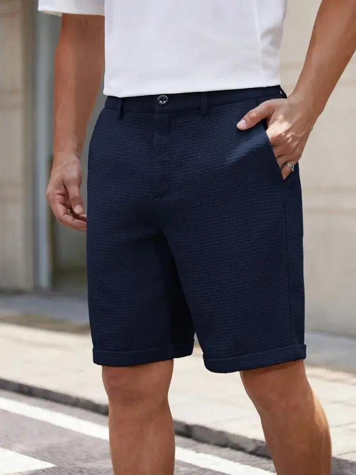 Shorts pour hommes à texture gaufrée, coupe slim, couleur unie, taille à boutons, décontractés d'été