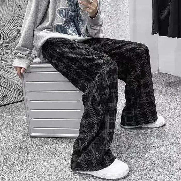 Printemps été velours côtelé Vintage Plaid pantalon hommes Streetwear jambe large Baggy pantalon Har