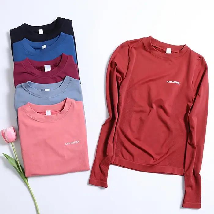 Haut de yoga pour femmes, chemise sans couture, t-shirts de sport, vêtements de fitness, manches lon