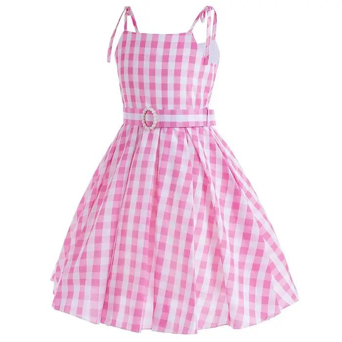 Robe d'été rose bébé sans manches à carreaux et fines bretelles pour fille, style cow-boy, inspirée