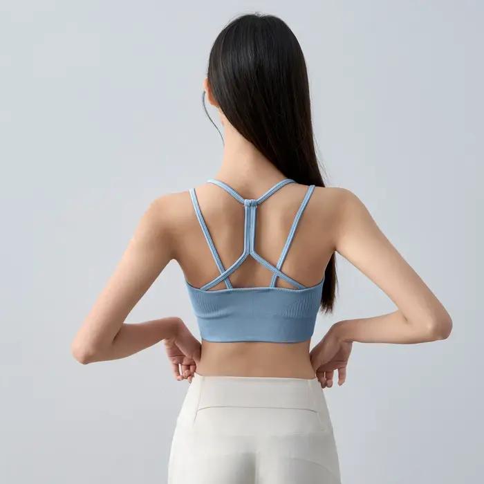 Débardeur de sport sans couture extensible pour femme avec bretelles spaghetti et dos nu - avec cous