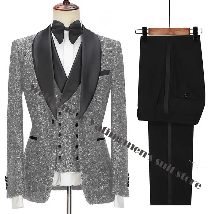 Dernières conceptions de manteau et de pantalon pour hommes, costumes noirs brillants à la mode pour