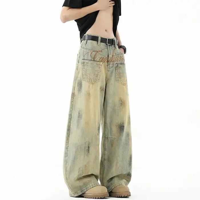 Jean vintage pour homme, délavé, effet vieilli, broderie script, coupe oversize, jambe large, style