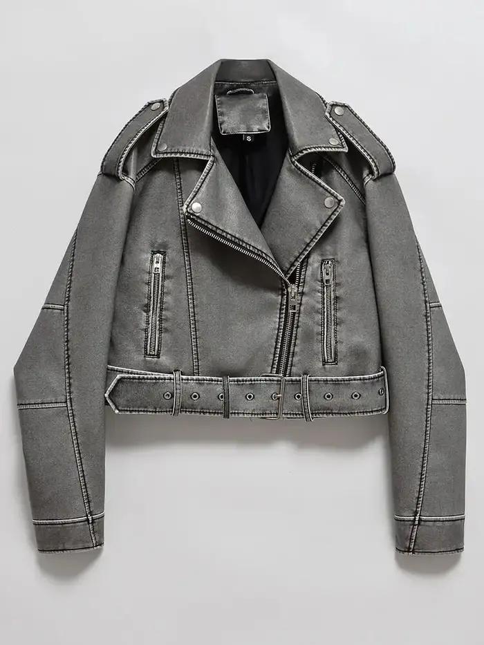 Femmes Vintage ample lavé Faux cuir veste courte Streetwear femme fermeture éclair ceinture Moto Bik