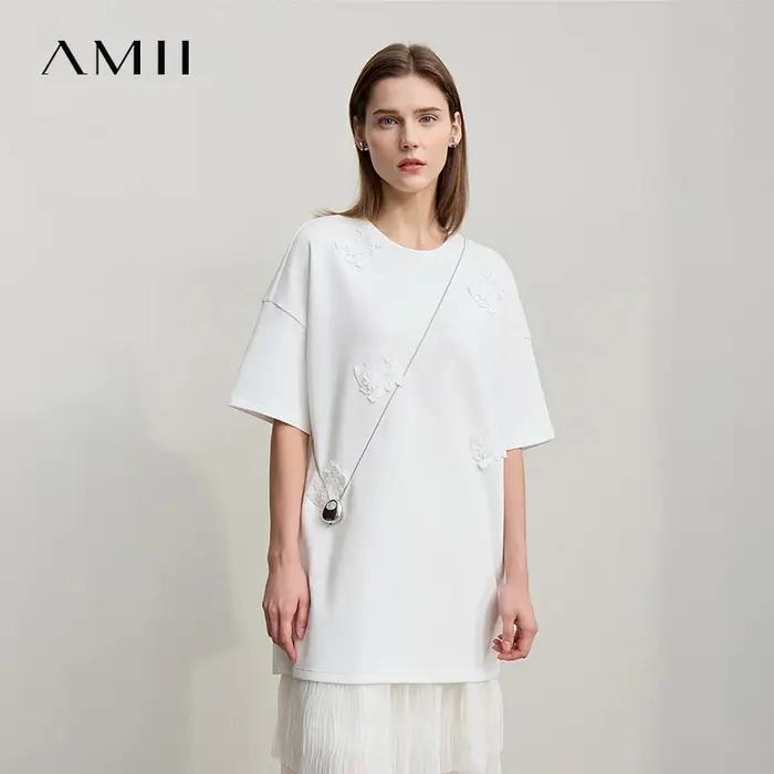 Amii T-shirt femme 2026 printemps nouveau col rond épissage dentelle manches courtes T-Shirt femme a
