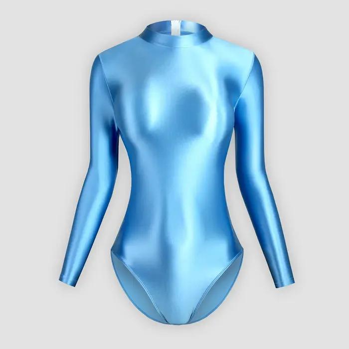 Maillot bain une pièce satin femme manches longues - Justaucorps sexy dos zip grande taille