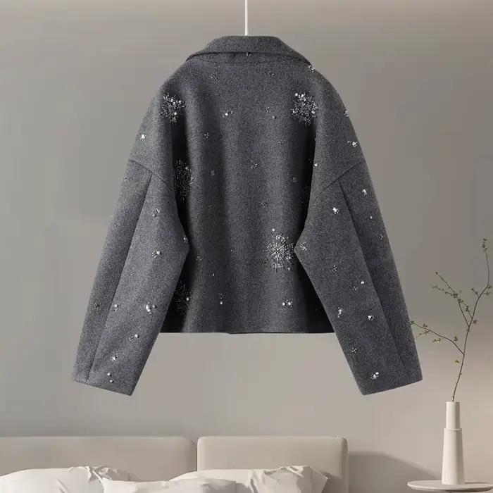 Manteau chic luxueux à perles pour femmes, vêtements d'extérieur en laine, vestes à manches longues,
