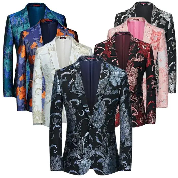 Veste Jacquard imbibée de fleurs pour hommes, blazer à bouton unique, manteau de scène de chanteur,
