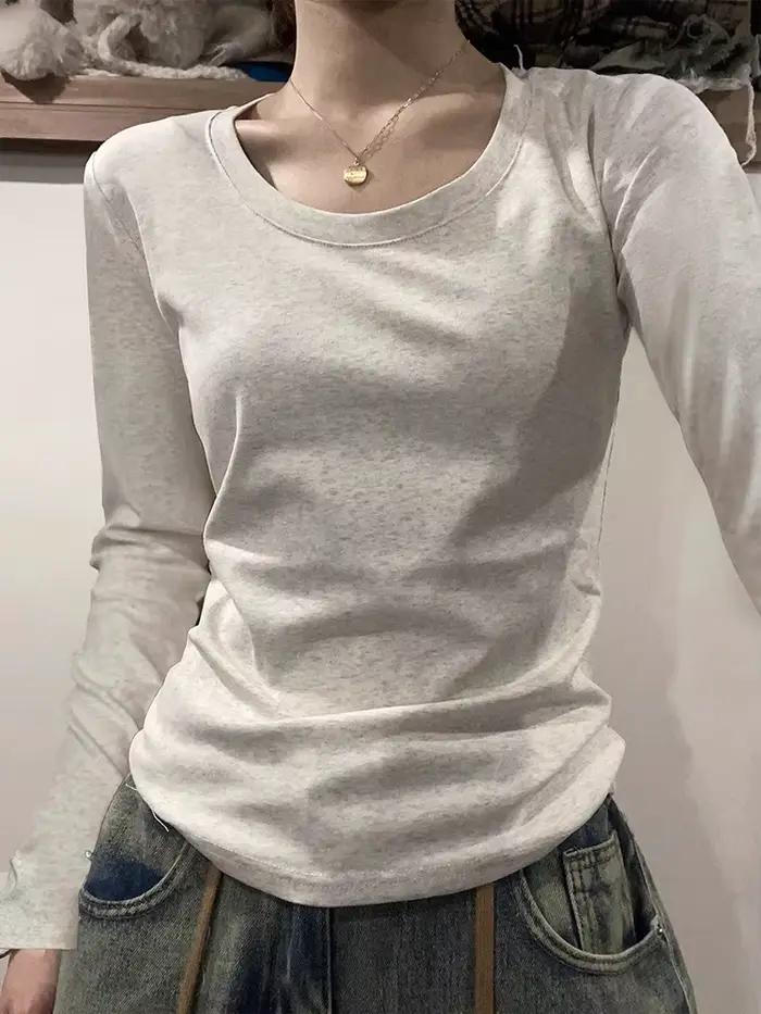 Col en U à manches longues T-Shirt femmes automne hiver nouveau coton mince haut décontracté basique