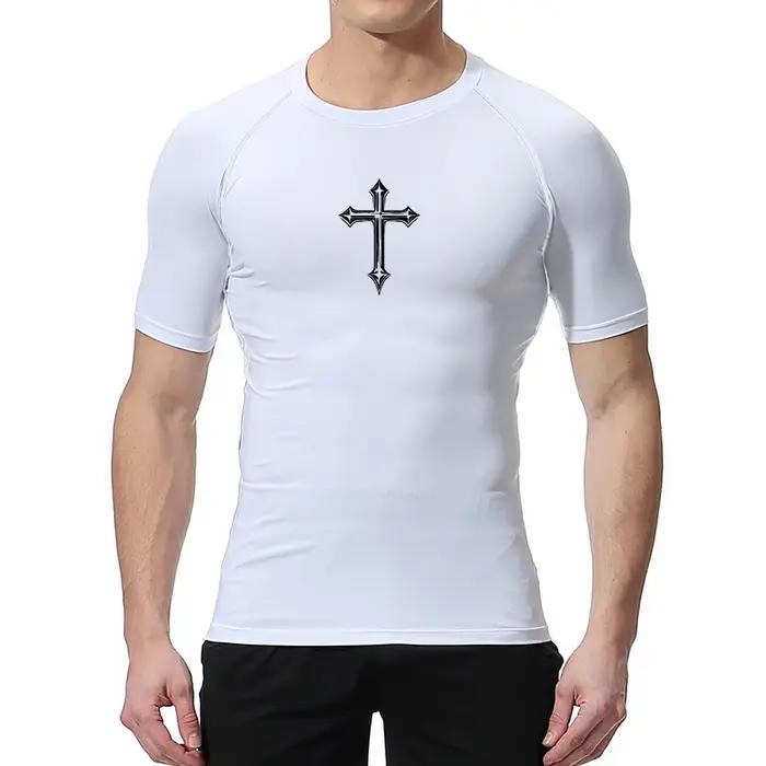 Chemise de compression à imprimé croisé pour hommes, t-shirt athlétique chrétien, hauts d'entraîneme