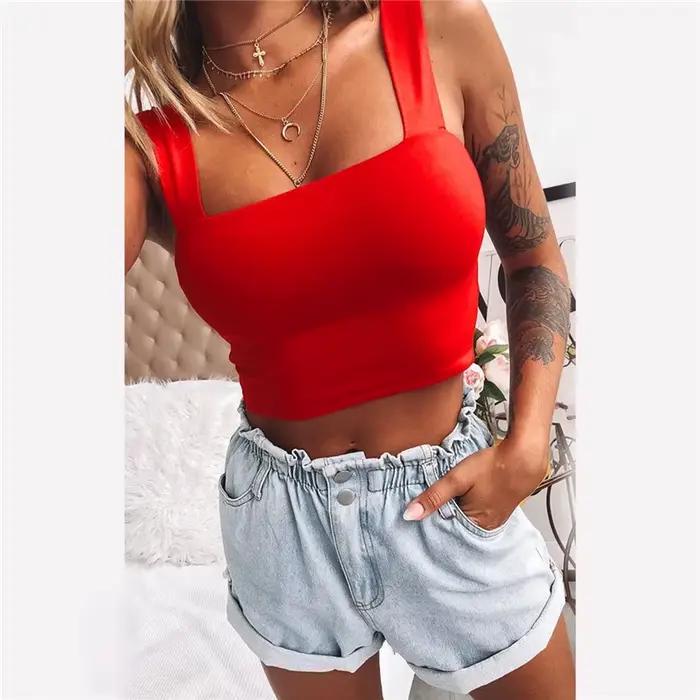 Col carré sans manches été haut court blanc femmes noir décontracté basique t-shirt épaules nues Cam