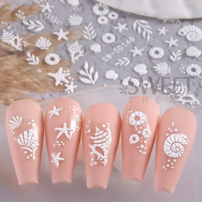 Autocollants pour ongles 5D méduse, plage d'été, coquille blanche, étoile de mer, vis adhésive, curs