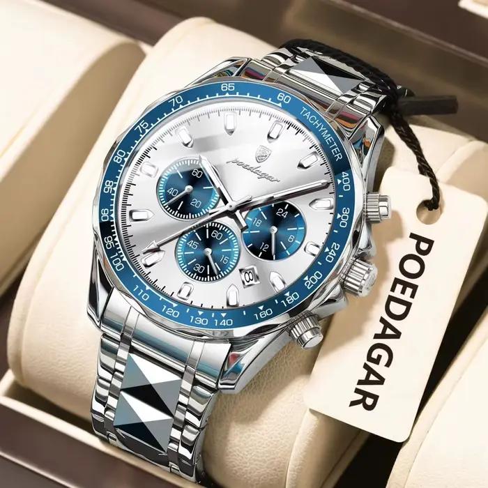 POEDAGAR marque de luxe hommes montre étanche lumineux en acier inoxydable montres pour hommes chron