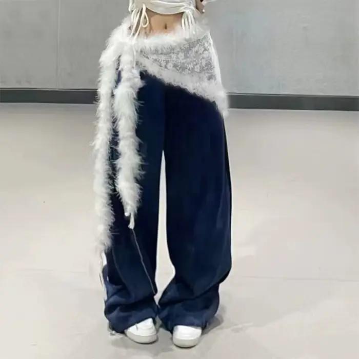 Jeans pantalons décor brodé fleur dentelle Mini jupe irrégulière voir à travers des jupes froncées t