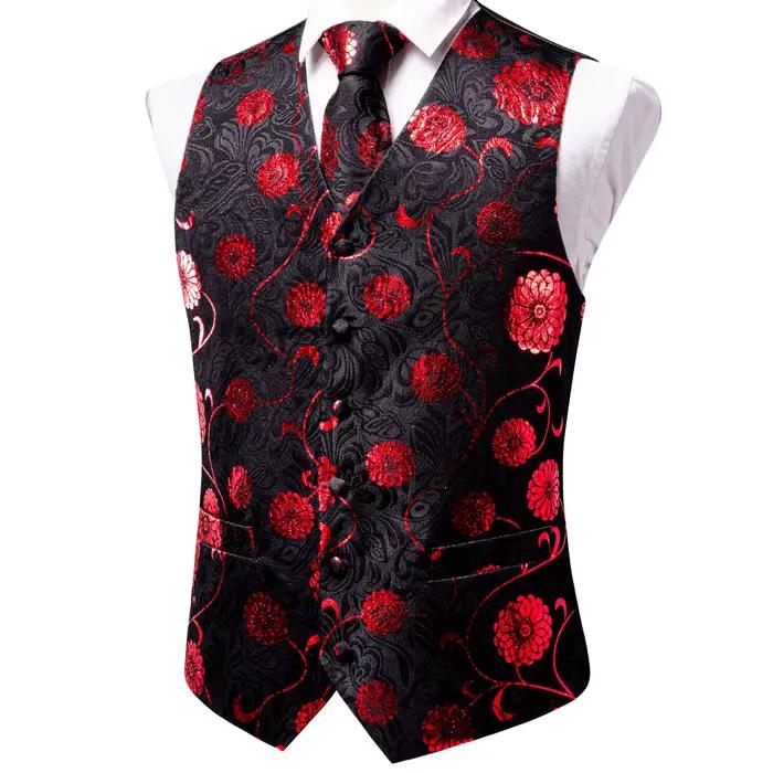 Ensemble de costume pour homme : Gilet, cravate, pochette et boutons de manchette jacquard floral Pa