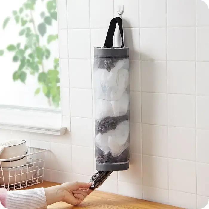Sac de rangement gris SunOfficiBag, distributeur de sacs en plastique à mailles à montage mural, pou