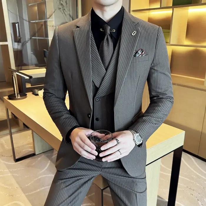 (Vestes + pantalons + gilet) costume de luxe à rayures pour hommes Version coréenne mode élégant cou