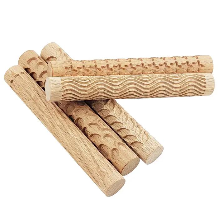 Rouleau à pâtisserie Texture en bois, poterie en céramique, tige en relief, motif de fleur, rouleau