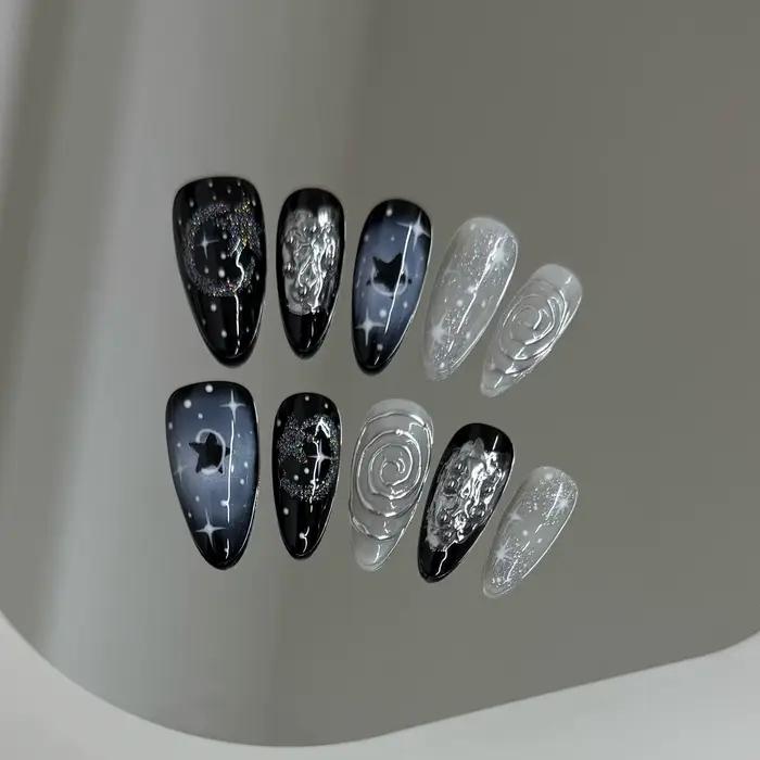 Faux ongles à pression faits à la main Y2k, ciel étoilé, amande, détachables, portables, doux et fra