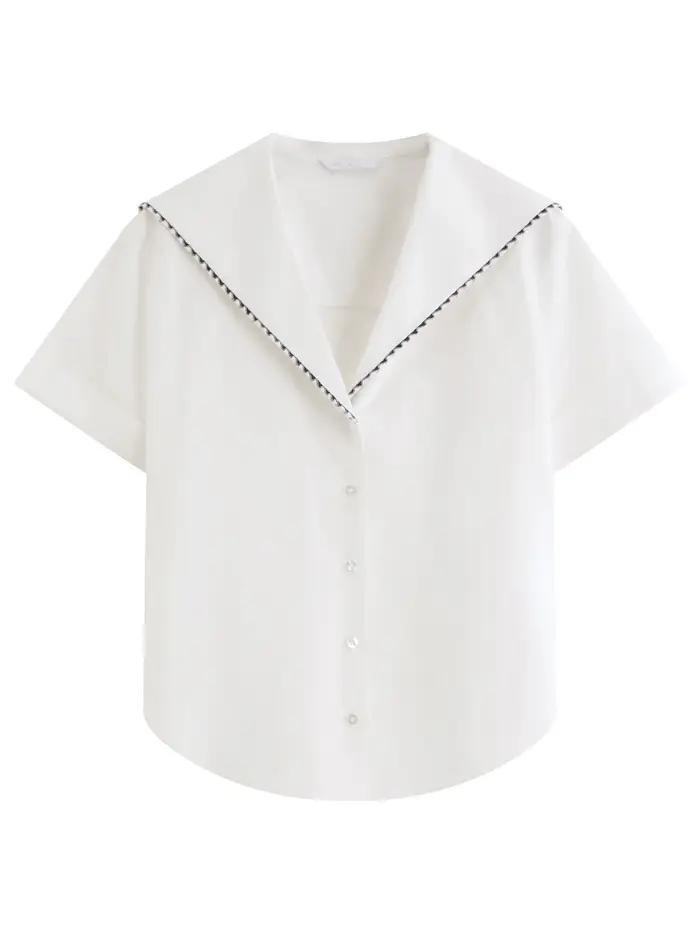 Chemisier à col marin brodé FSLE 2026 pour femme, manches courtes, style preppy boutonné, pour un lo