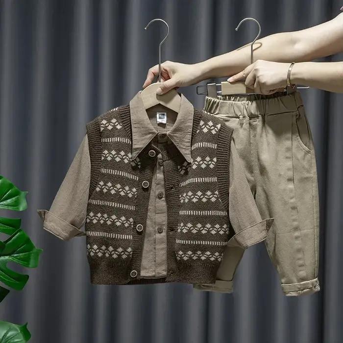 Ensemble chemise et pantalon en fibre trempé pour bébé garçon pull avec glaçage tenue pour enfant printemps automne 2024 occasions spéciales sorties en famille visite chez les grands-parents