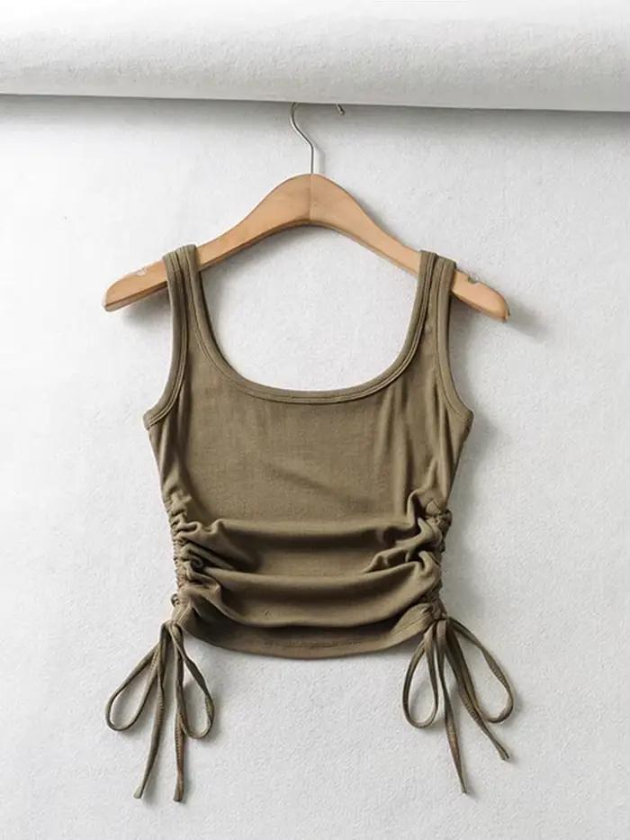 Nouveauté filles décontracté couleur unie deux côtés cordon gilet plis froncé Sexy débardeur et Cami