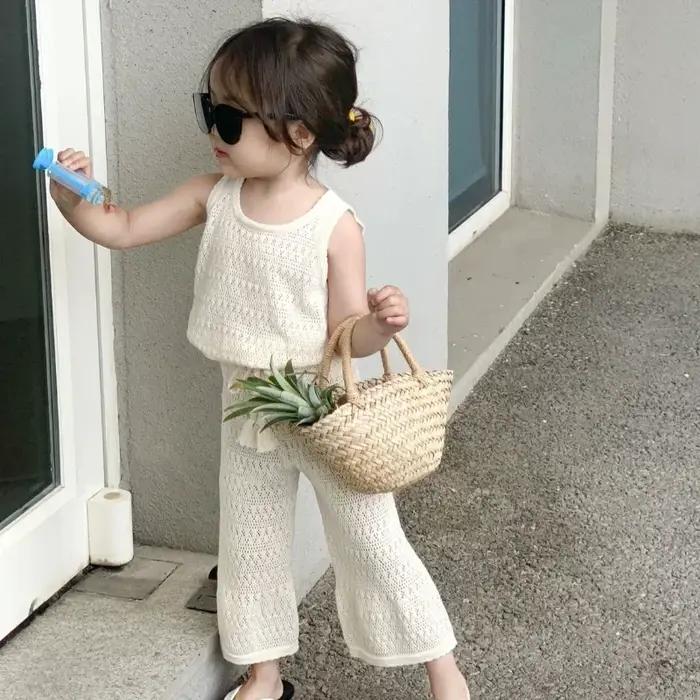 Ensemble de vêtements d'été pour filles, tricoté fin coréen, gilet ajouré et respirant + pantalon à