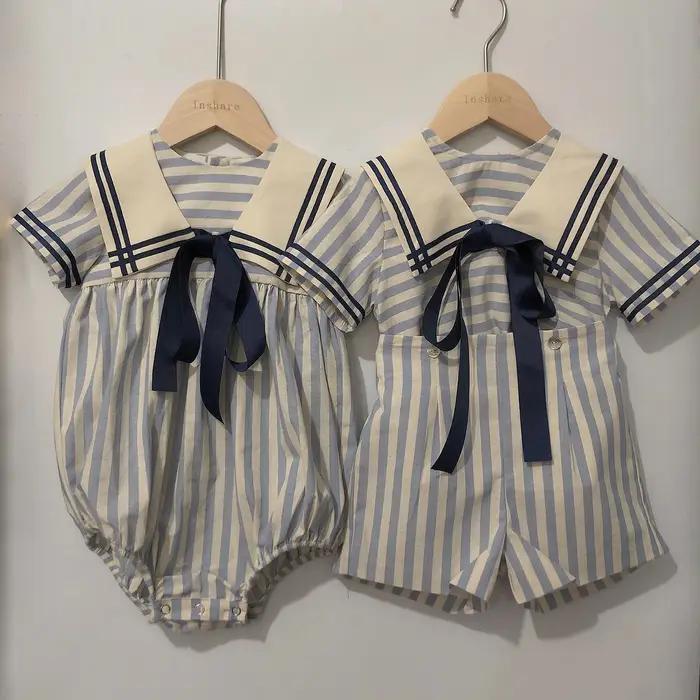 Vêtements Boutique pour bébés garçons et filles, barboteuse à rayures bleues et bleu marine, tenue V