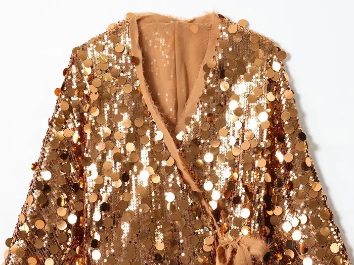 Mode à lacets paillettes Patchwork Kimono femmes Chic col en V manches longues veste ample automne n