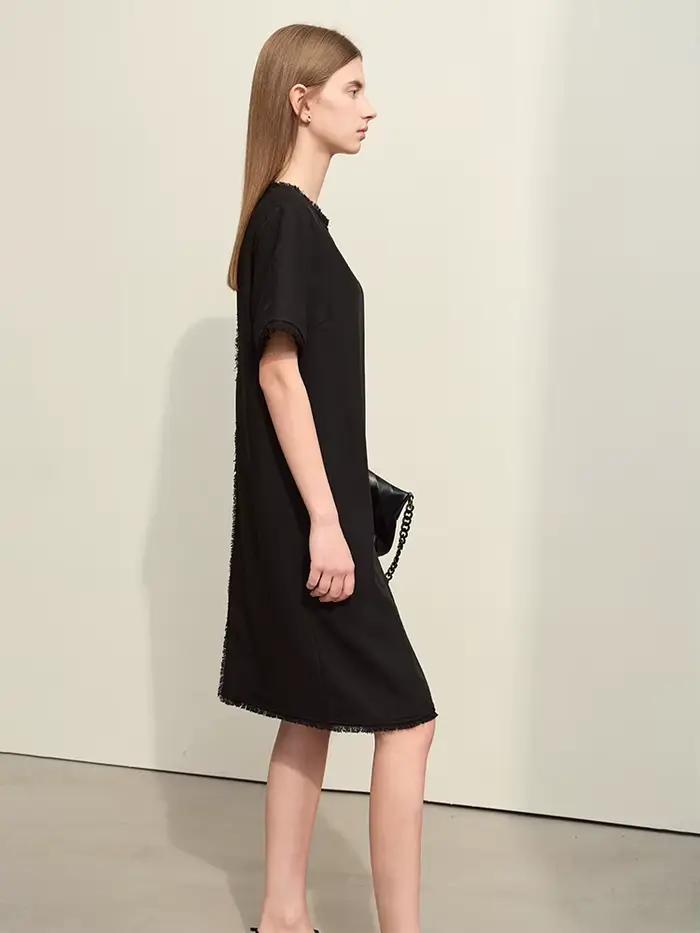Amii-Robe mi-longue droite à manches courtes pour femmes, robes minimalistes, pompon épissé, léger,