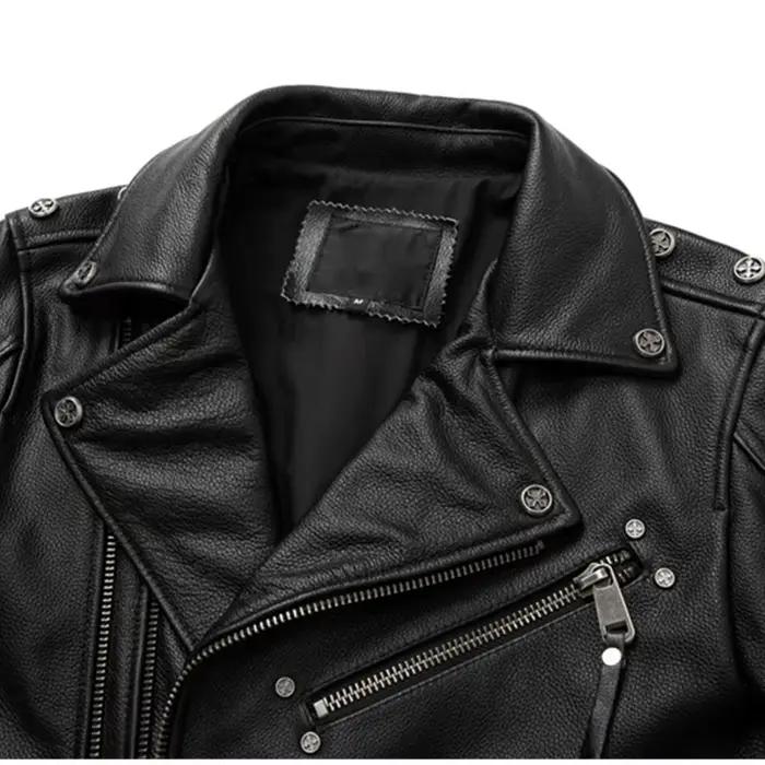 Veste de motard en cuir naturel pour homme, couche supérieure, cuir de vachette, rétro, pierre tremp