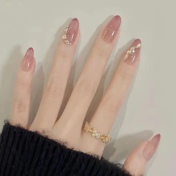 24 pièces amande Pure fait à la main presse sur les ongles couverture complète papillon français per