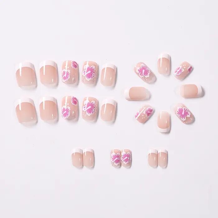 24 pièces blanc rose fleur acrylique faux ongles court carré français faux ongles portable couvertur