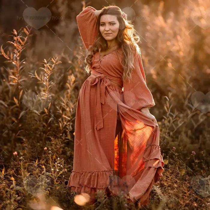 Robe de grossesse en lin et coton pour séance photo, ensemble deux pièces, pour femmes enceintes, ro