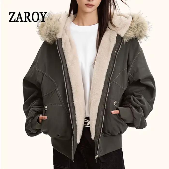 ZAROY col de fourrure Parkas à capuche Y2k Harajuku épaissir vestes rembourrées décontracté fermetur